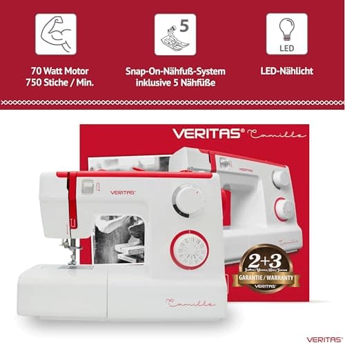 VERITAS Camille - Machine à coudre mécanique pour débutants et avancés, 32 programmes de points, avec bras libre, aide à l’enfilage et éclairage LED