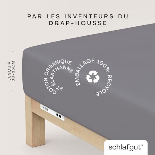 schlafgut Pure Drap-Housse de 180x200cm à 200x220cm, 95% de Coton Organique Doux et 5% élasthanne, Doux et Robuste, Grey Mid