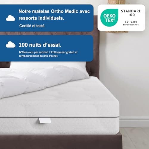 BMM Matelas Ortho Medic 140x200 cm avec Noyau à Ressorts ensachés Niveau de fermeté H3/certifié Öko-Tex/Matelas Ergonomique à 7 Zones Hauteur 21 cm/Matelas fabriqués en Allemagne