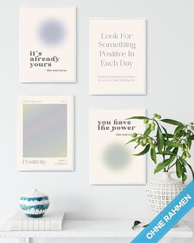 Lot de posters modernes Aura Aura - Style esthétique - Décoration de chambre prévue - Y2K - Numéro d'ange - Poster esthétique - Yoga - Beige - Vert - 4 x A4