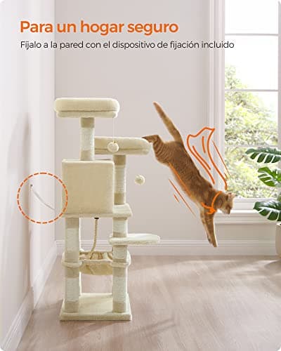 Feandrea Arbre à Chat Hauteur 112 cm, Tour de Jeux pour Chat, avec 11 Poteaux à Griffer, 2 Plateformes, 1 Niche, 1 Hamac, 2 Pompons, en Tissu Peluche, Plusieurs Niveaux, Beige PCT215M01
