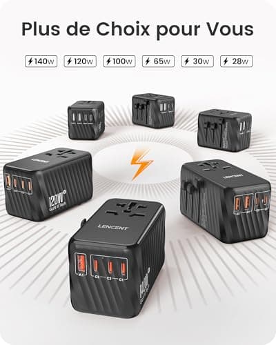 LENCENT 65W GaN III Adaptateur prise électrique avec 2 PD3,0 USB C+2 QC USB A Prise voyage universelle Téléphone PC Charge Rapide international vers UK USA AUS Canada Italie Chine Japon Thaïlande Noir