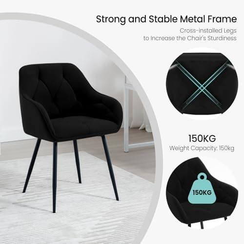 WOLTU Lot de 6 Chaises de Salle à Manger, Chaises de Cuisine Rembourrées avec Dossier, Accoudoirs, Pieds en Métal, pour Salon, Bureau, Coiffeuse, en Velours, Noir, EZS02sz-6