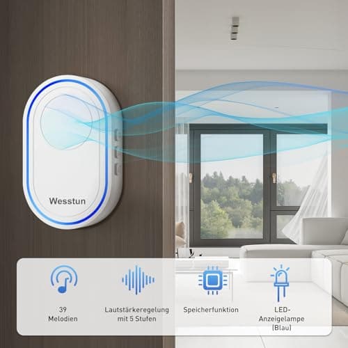 Sonnette sans Fil Exterieur Etanche, Wesstun IP67 Étanche Kit de Carillon Electronique, 39 Mélodies au 5 Niveaux Volumes Doorbell, Facile à Installer à La Maison Sonnette sans Fil, Blanc