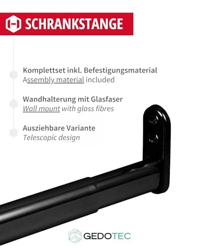 Gedotec Tringle à vêtements extensible | Barre d'armoire en métal télescopique réglable | Longueur 600-900 mm | Acier Noir Mat | Barre télescopique extensible pour garde-robe et niche | 1 Pièce
