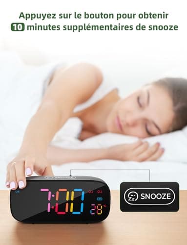 LIORQUE Réveil Numérique, Reveil a Piles LED en Couleur avec Fonction de Snooze, Reveil Digital avec Température, 0-100% Luminosité, 8 Sonneries, 2 Alarmes, 12/24H, Port de Charge USB, Noir