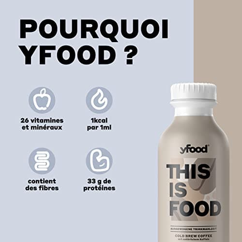 yfood Cold Brew Coffee, repas prêt à boire, THIS IS FOOD, substitut de repas, 34 g de protéines, 26 vitamines et minéraux (12 x 500 ml), goût café avec caféine