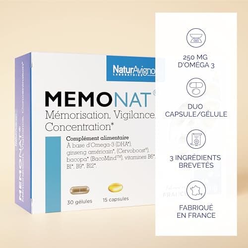 Laboratoire NaturAvignon Memonat | Mémoire court et long terme + protection contre le vieillissement cérébral | Ingrédients brevetés | 250mg d'Oméga3 DHA | Duo innovant capsule+gélule (15jours)