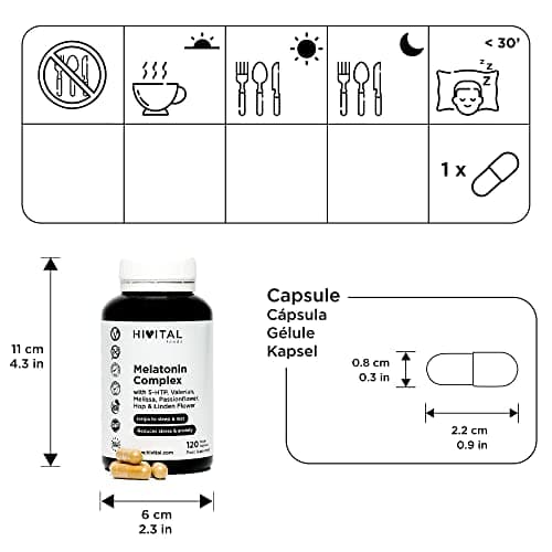 Melatonine Complexe | 120 gélules vegan pour 4 mois | Avec 5-HTP, Valériane, Mélisse, Passiflore, Pavot de Californie, Houblon et Tilleul | Améliore le sommeil, le repos, réduit l'anxiété et le stress