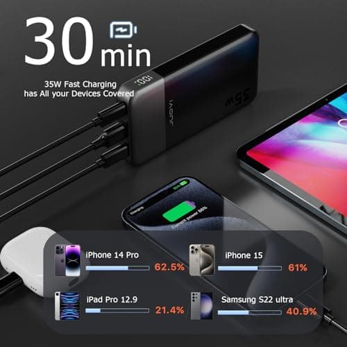 JUOVI Batterie Externe Charge Rapide 35w Batterie Externe USB c Batterie 10000mAh avec PD 3.0 & QC 4.0, USB C Power Bank pour iPhone 16 15 14 Series, Samsung, Tablet, Switch, et Autres