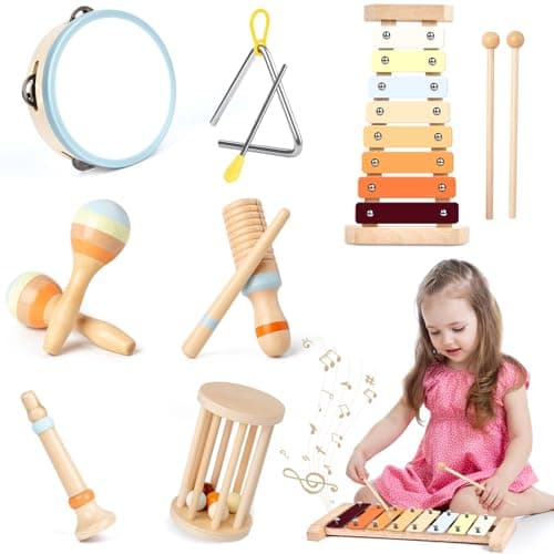 Joellfuner Instrument de Musique Bebe, Jouet Musique Bois Enfant, Montessori Jouet Musique, Percussion Bois avec Xylophone, Musique Anniversaire Cadeau pour Fille Garçons 3+
