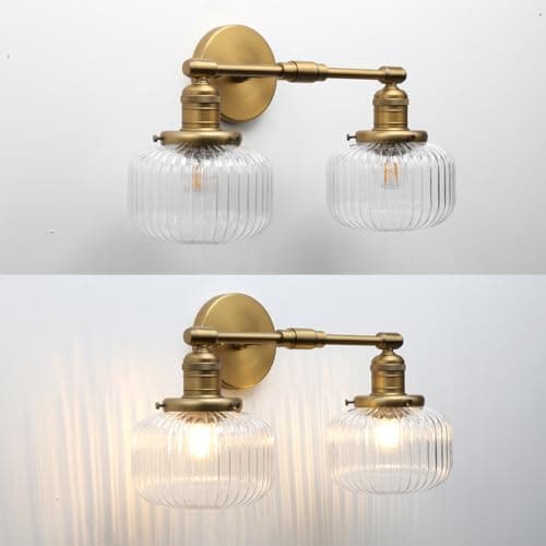 Pathson Industriel 2-Lumières Applique Murale E27 Luminaires Intérieur Abat-jour en Verre Côtelé Ø16CM Lampe Murale pour Salon,Cuisine, Salle de bain,Miroir (Antique)