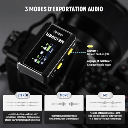 NEEWER CM28 Système de microphone cravate sans fil ,stockage de 4 Go pour 9 heures de 48 kHz 16 bits Micro cravate audio non compressé Compatible avec iPhone/Android/PC/appareil photo