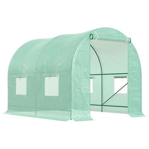 Outsunny Serre de Jardin Tunnel 5 m2 2,5L x 2l x 2H m Acier renforcé Ø 1,8 cm + PE Haute densité 140 g/m2 fenêtres Porte déroulante Vert