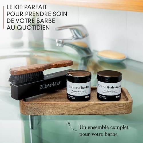 ZilberHaar - Kit de Soins pour Barbe Homme - 1 Brosse à Barbe Regular + 1 Baume à Barbe + 1 Crème Hydratante - Poils de Sanglier Rigides - Pochette en Velours
