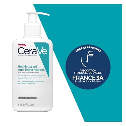 CeraVe - Gel Moussant Anti-Imperfections - Purifie la Peau & Réduit les Imperfections - Acide Salicylique, Argile Blanche, Céramides & Niacinamide - Peau à Tendance Acnéique - 236 ml