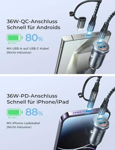 LISEN Chargeur allume-cigare USB C 54 W PD & QC3.0 Chargeur de voiture USB Adaptateur allume-cigare 12 V Adaptateur USB C vers C/Lightning pour Samsung S24 iPad iPhone 16 Pro 15