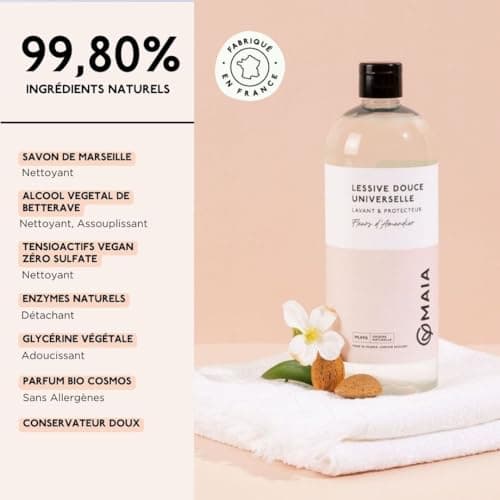 MAIA - Lessive Bio Fleurs d'amandier 3L - 99 lavages - Lavage en machine - Efficacité anti-taches prouvée - Formule sans allergènes - Emballage écologique - Fabriquée en France