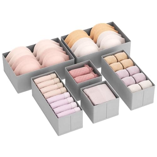 Lifewit Lot de 6 Organisateur Tiroir, Boite Rangement Vetement Pliable, Separateur Tiroirs en Tissu, Rangement sous Vetement, Panier Rangement Armoire pour Chaussettes, Cravates, Ceintures, Gris