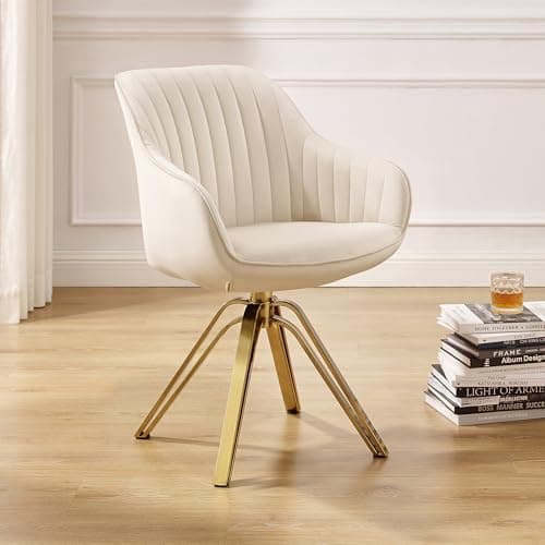 Zouron Chaise de Salle à Manger en Velours, Chaise de Bureau Pivotante avec Pieds Dorés, Fauteuil de Salon avec Accoudoirs et Siège Rembourré Épais, Beige
