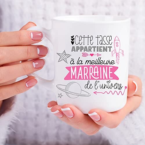 ÉNJA Création. Mug marraine/Tasse – La meilleure de l'univers Future marraine Cadeau anniversaire Cadeau original Céramique haute qualité 11oz 320ML (MARRAINE)