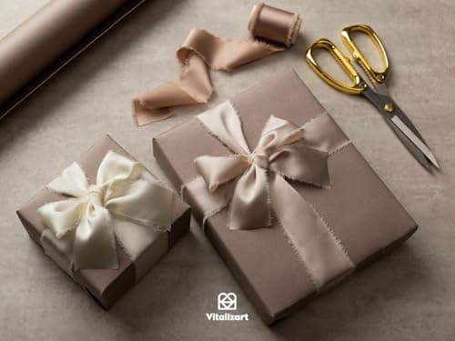 Vitalizart Ruban de Satin Soyeux Champagne & Crème & Beige 3,8 cm x 13,7 m, Rubans en Tissu à Franges Faits à la Main pour l'Emballage de Cadeaux, les Décorations Festives, les Bouquets de Mariées