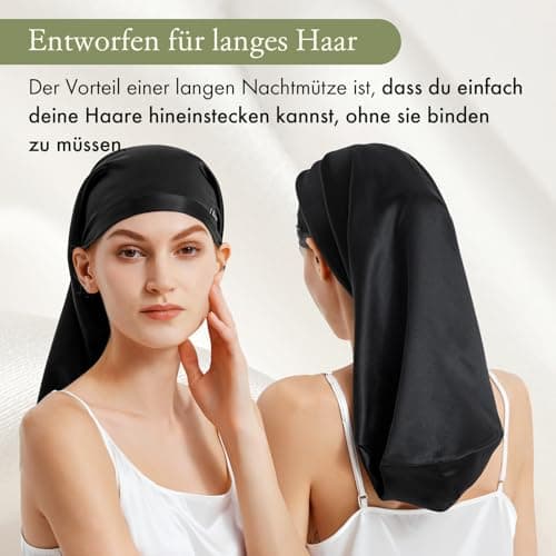 LILYSILK Bonnet de sommeil en soie de mûrier - 100 % soie de 19 momme - Long bonnet de nuit pour cheveux bouclés - Bonnet de nuit pour dormir - Bonnet en soie pour femme avec cheveux longs, Noir ,