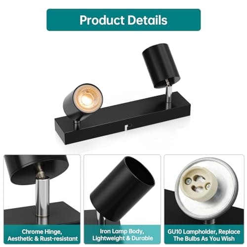 wowatt Plafonnier 2 Spots Orientable, GU10 Spots de Plafond, Rampe de Spot Noir, Spot Interieur Plafond, Luminaire Spot Plafonnier, Éclairage LED Plafond pour Salon, Chambre, Cuisine, Sans Ampoules