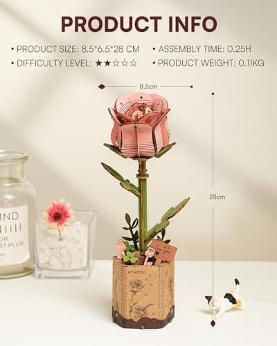 ROWOOD Puzzle 3D, Fleur en Bois, kit de modélisation de Fleurs artificielles à Assembler pour Adultes (Pink Rose)