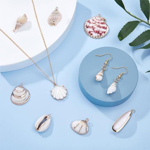 SUNNYCLUE 1 Box 20pcs 10 Styles Natural White Cowrie Seashells Pendant Conch Shells Plated Charms Shells de Breloques for Necklace Bracelet Earring Making Perles de Coquillage Naturel
