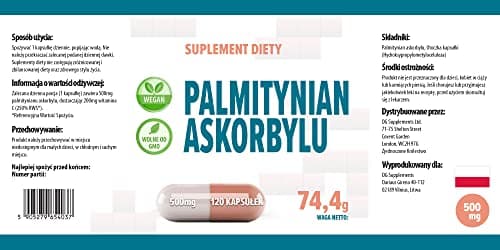 Palmitate d'ascorbyle 500mg 120 gélules végétaliennes, très puissantes, sans agents de remplissage ou de charge, sans OGM