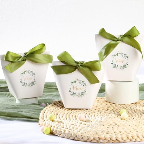 24Pcs Boîte Dragée Sachet Bonbon Ballotin “Merci” Cadeau Invité pour Mariage Baptême Communion Anniversaire Noël avec Ruban (Vert)