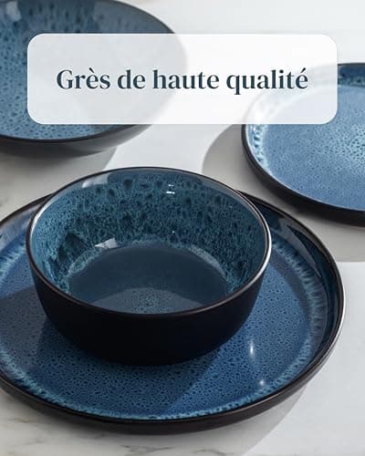 Ensemble Prestige de Services de Table: Assiettes Creuses en Porcelaine pour 6 Personnes - Élégantes Assiettes de Service pour une Expérience Culinaire Raffinée, Pure Living Noir Bleu Profond