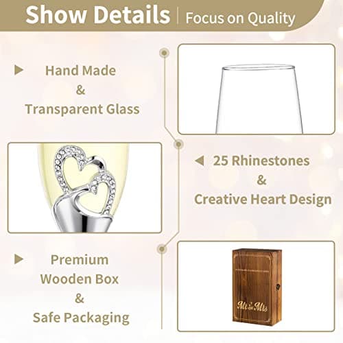 NUPTIO Flûtes à Champagne Mariage: Flûte à Champagne Personnalisée Coffret Cadeau en Bois Cristal Prosecco Verre Ensemble de 2, Ensemble Cadeau Argent Toast Anniversaire Fête Nuptiale Douches