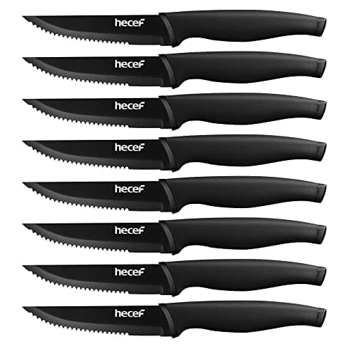 hecef Couteaux à Steak, 8 Pièces Couteaux de Table Aiguisés et Dentelés avec Manche Ergonomique, Set de Couteaux en Oxyde Noir, Couteau Viande en Acier Inoxydable, 12.7cm