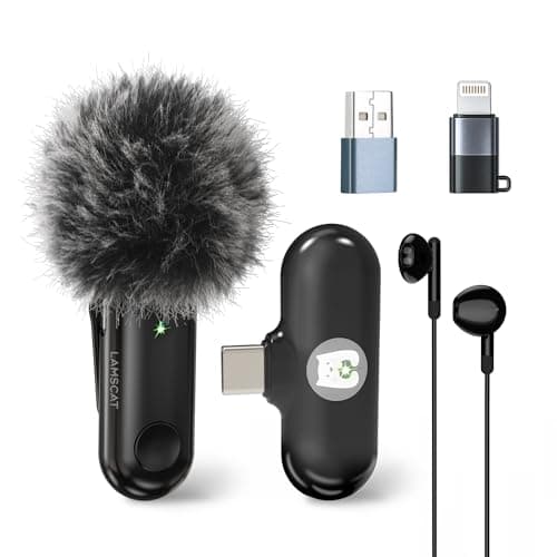 LAMSCAT Microphone sans Fil pour iPhone/iOS/iPad/Android/USB C/PC, Microphone Professionnel pour Enregistrement, Streaming, Youtube, TikTok, Pas d'application nécessaire (Noir 1 à