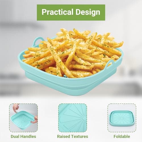 Alyvisun Moule Silicone Air Fryer, 2 Pièces Panier Moule pour Friteuse à Air Chaud Réutilisable Airfryer Pot Plat Carré Pliable Doublure Liner pour Friteuse Air, Micro-ondes, Four (Bleu+Gris)