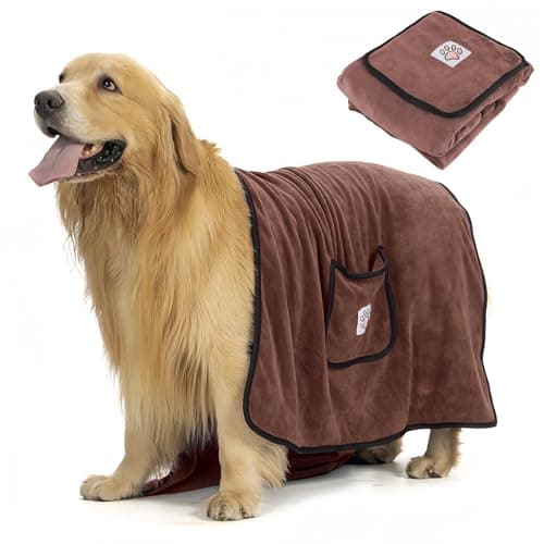 Serviette de Bain pour Chien 130X70cm, Serviette de Séchage en Microfibre pour Petits Moyens et Grande Chiens, Séchage Rapide Serviette avec Poches à Main pour Animaux de Compagnie (Marron)