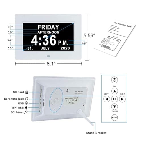 Alovez 7 Pouces LCD Horloge Numérique Calendrier avec Date Jour Et Heure Horloge Non-Abrégée Auto Dimming 8 Langues HD Display Rappel pour Alzheimer Les Personnes âgées et Les Enfants (Blanc)