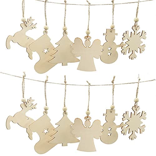 PUERHUACI Sapin en Bois a Decorer Decoration Bois Noel,Bois Artisanat Arbre de Noël Ornement de Pendaison, Décorations de Noël,60 pièces Pendentif Cadeaux pour Décorations de Bricolage