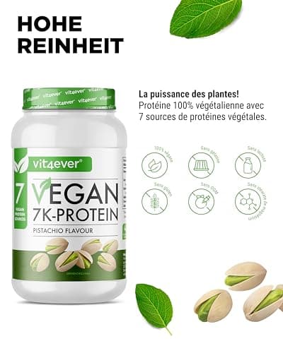 Vegan 7K Protein - 1kg - Pistache - Poudre de protéine purement végétale avec des protéines de riz, d'amande, de soja, de pois, de chanvre, de cranberry et de tournesol.