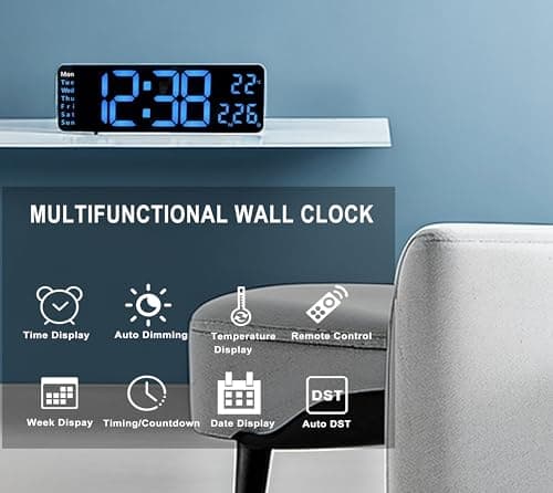 iTOMA Horloge numérique, 13 "Grand écran LED Horloge Murale pour la décoration de Salon, réveil, minuterie, 12 / 24h, Grande Horloge à Gradation Automatique de luminosité avec Date/température 6629
