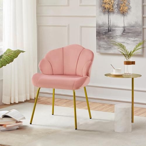 Yaheetech Fauteuil de Salon Moderne, Design Coquillage, Chaise de Chambre à Coucher Confortable, Rembourré, Ergonomique, Fauteuil en Velours avec Dossier, Pieds en Métal Plaqué Or, Rose