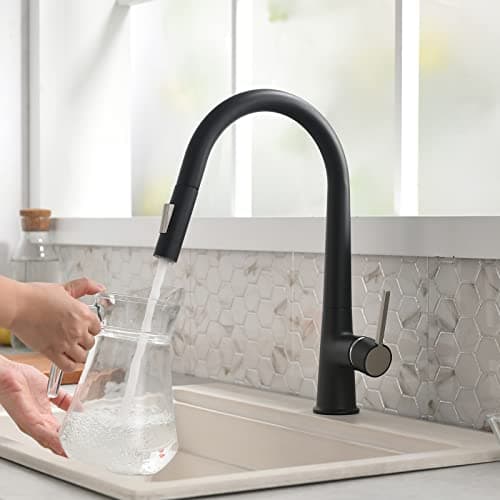 TIMACO Robinet de cuisine noir haute pression extensible pivotant à 360 °, mitigeur de cuisine avec douchette, deux motifs d'écoulement