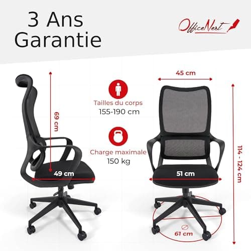 OfficeNest Tout Nouveau modèle Chaise de Bureau Caity Ergonomique,Pivotante,Réglable en Hauteur jusqu'à150 kg,Convient pour Bureau/Bureau à Domicile -Design Moderne et Confort Longue Durée Noir Onyx