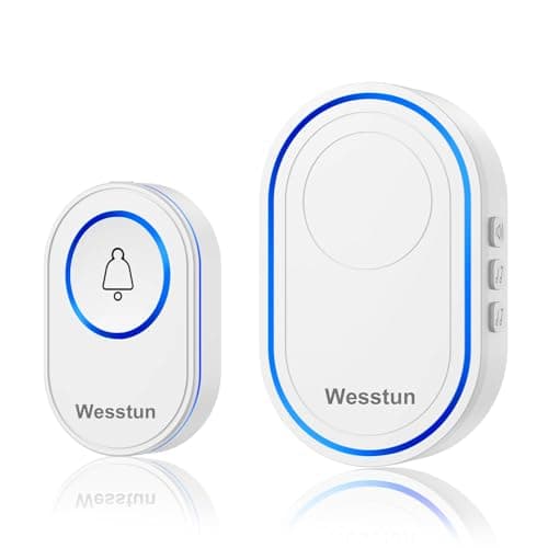 Sonnette sans Fil Exterieur Etanche, Wesstun IP67 Étanche Kit de Carillon Electronique, 39 Mélodies au 5 Niveaux Volumes Doorbell, Facile à Installer à La Maison Sonnette sans Fil, Blanc