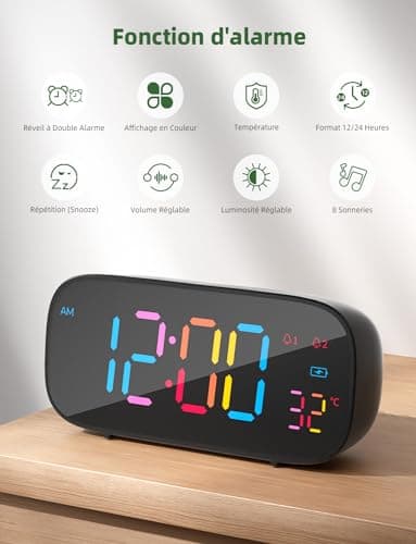LIORQUE Réveil Numérique, Reveil a Piles LED en Couleur avec Fonction de Snooze, Reveil Digital avec Température, 0-100% Luminosité, 8 Sonneries, 2 Alarmes, 12/24H, Port de Charge USB, Noir