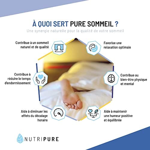 Nutripure | Pure Sommeil 1,9mg | Complément alimentaire pour l’endormissement | Evite les insomnies | Mélatonine, plantes naturelles, Extrait de mélisse bio & valériane | Vegan | 60 gélules | France