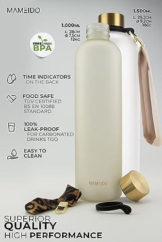 MAMEIDO Gourde 1l & 1,5l Ivory Beige Gold - Bouteille d'eau Design Plastique avec Marqueur de Temps de Motivation, sans BPA - Gourde Sport étanche pour Gymnastique