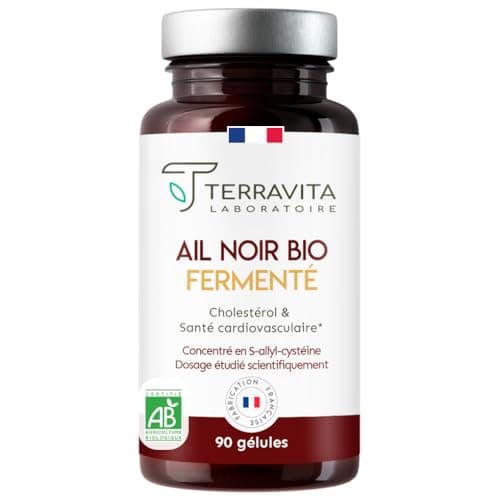AIL NOIR Fermenté BIO | Extrait titré en S-Allyl-Cystéine | 250 mg par Gélule | Lutte contre les Lipides Sanguins - Santé Cardiaque - Circulation | 90 Gélules sans Goût | Made in France | Terravita